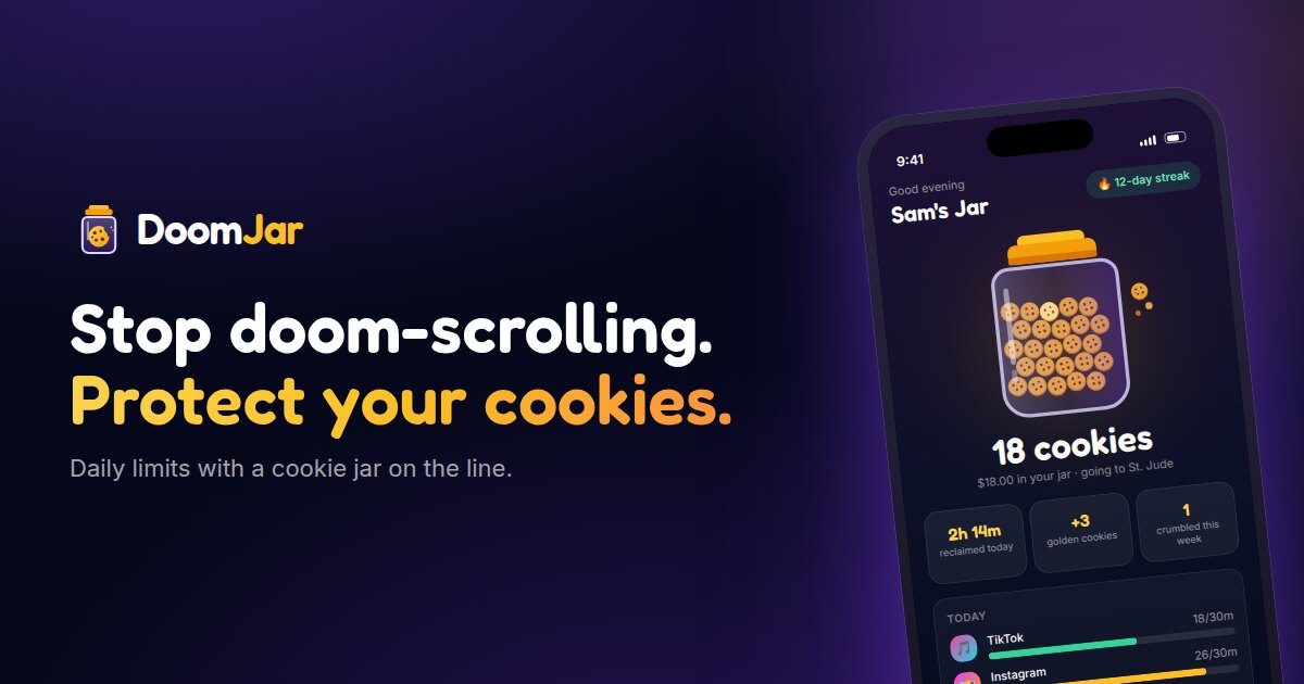 DoomJar: stop doom-scrolling, protect your cookies, beside a phone showing a cookie jar