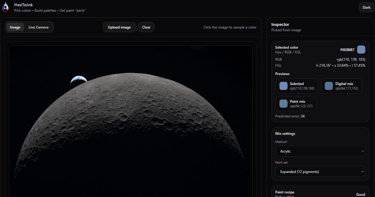 HexToInk picking a color from a photo of the moon, with its paint recipe