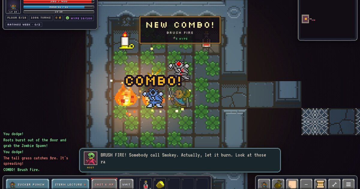 Level Crawl: a fire combo spreading through tall grass in a stone dungeon