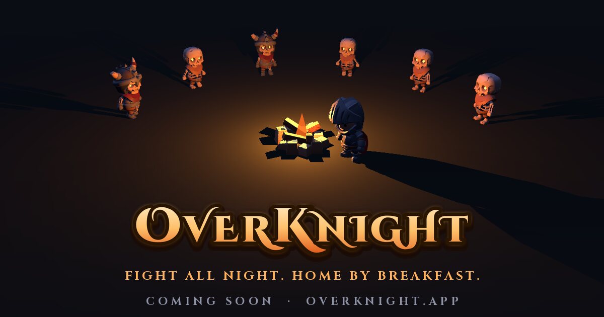 Overknight: a knight by a campfire ringed by skeletons