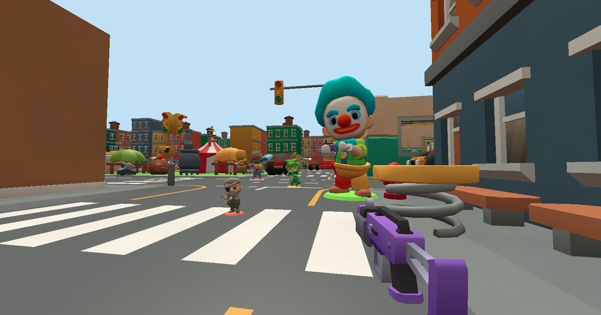 Shrinkshot: a first-person view down a toy city street, a giant clown up ahead